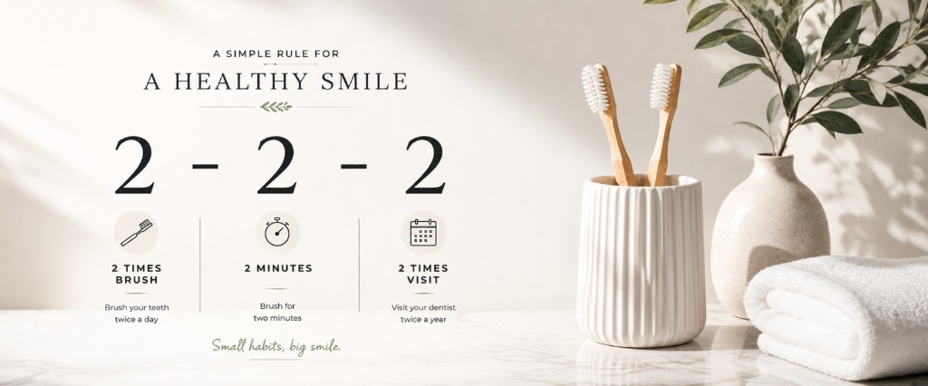 A simple 2-2-2 rule for a healthy smile: brush twice a day, for two minutes, and visit the dentist twice a year.