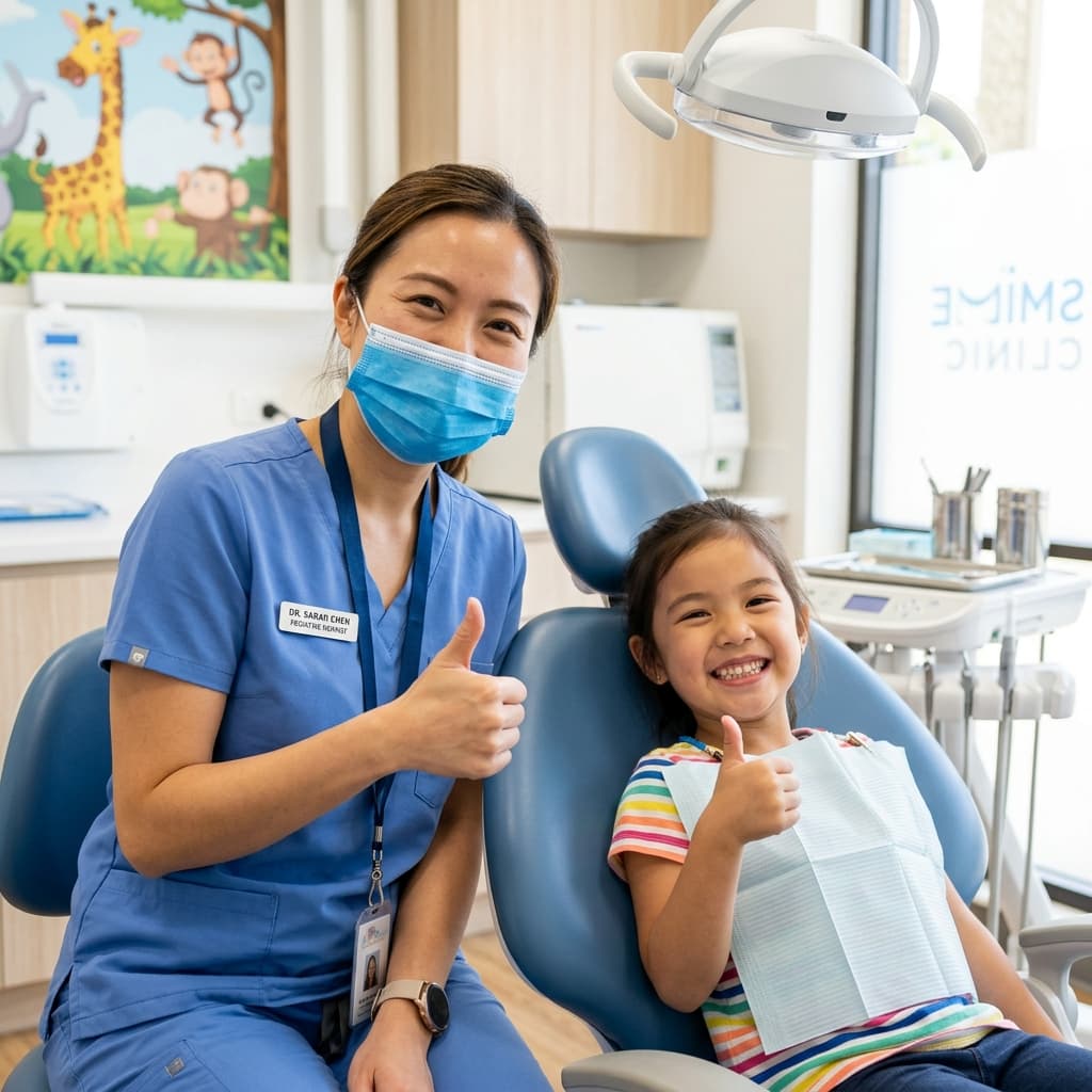 Pediatric dentist and young smiling girl